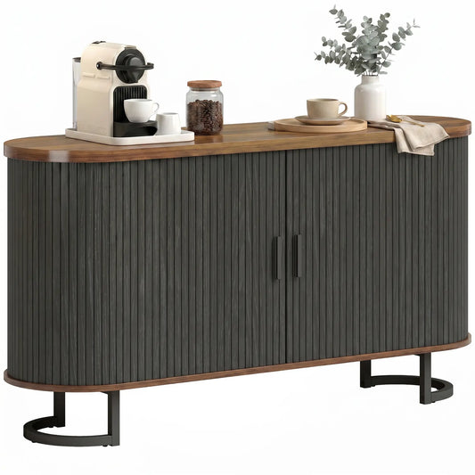 55" Fluted Sideboard Buffet Cabinet, Sliding Doors, Black Bar Cabinets Black Wood Grain, Brown Wood Grain at Gallery Canada