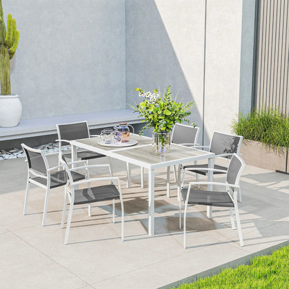 7 Pieces Outdoor Dining Set with 6 Stackable Chairs, Patio Table and Chairs with Plastic Top, Breathable Mesh Seat Back Outdoor Dining Sets at Gallery Canada