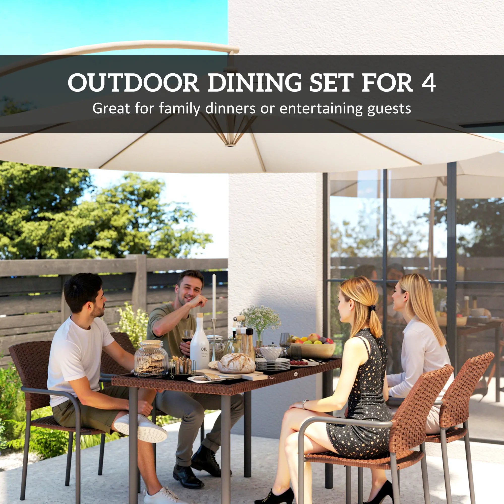 5 Piece Outdoor Dining Set, PE Wicker Rattan Patio Furniture, Stackable Chairs, Glass Table Top Patio Furniture Sets at Gallery Canada