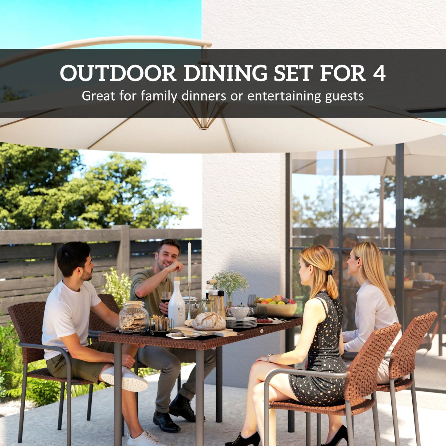 5 Piece Outdoor Dining Set, PE Wicker Rattan Patio Furniture, Stackable Chairs, Glass Table Top Patio Furniture Sets at Gallery Canada