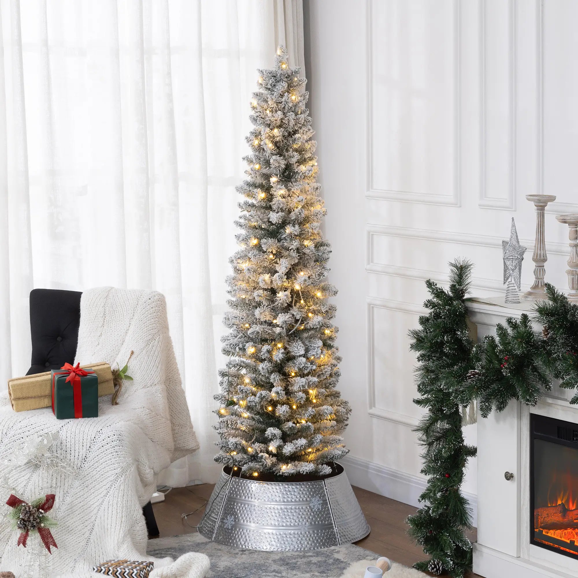 6ft Prelit Snow Flocked Christmas Tree, Metal Base, Warm White LED Pre Lit Christmas Trees at Gallery Canada