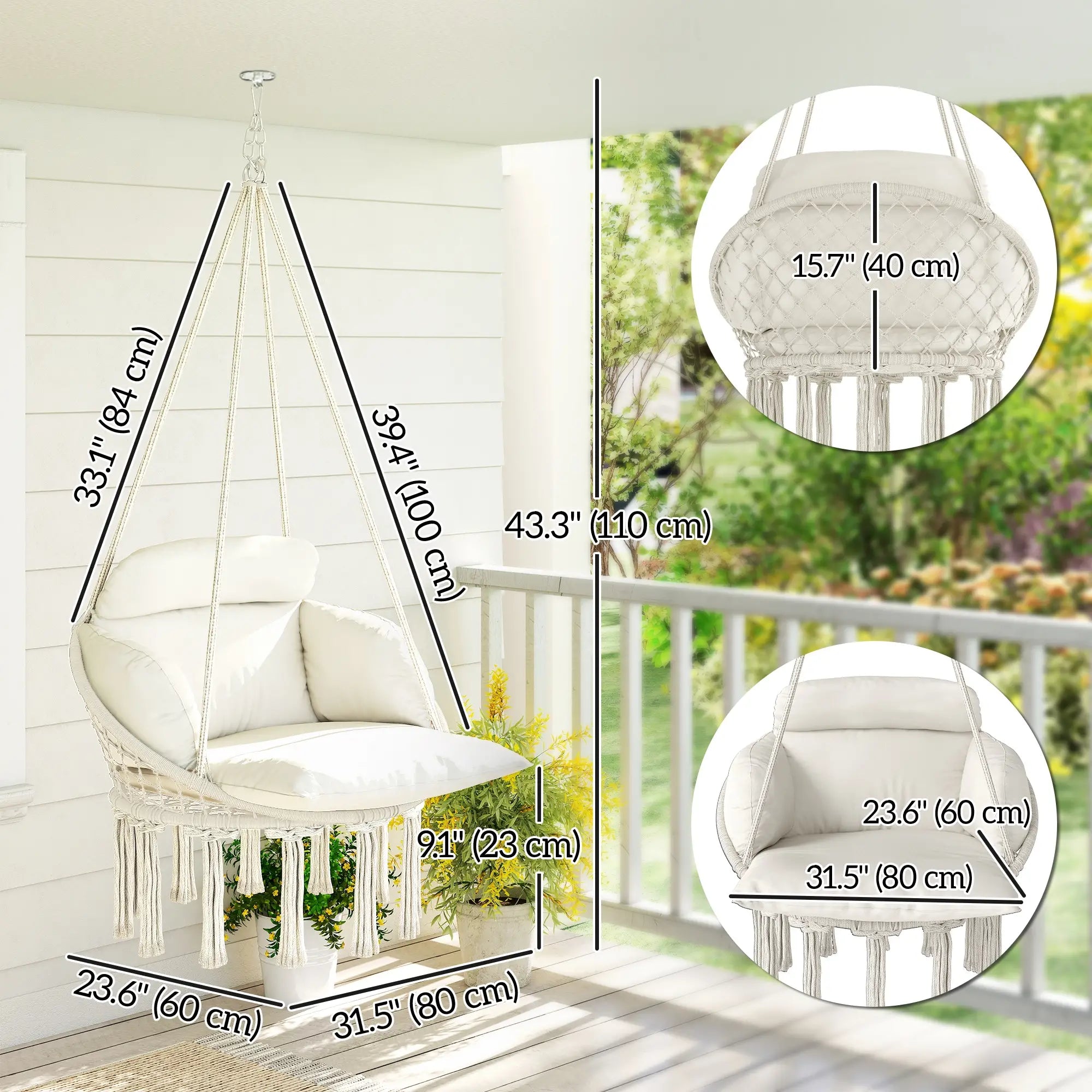 Boho Hammock Chair Swing with Cushion, Chain, Steel Frame, Cream Hammock Swings at Gallery Canada