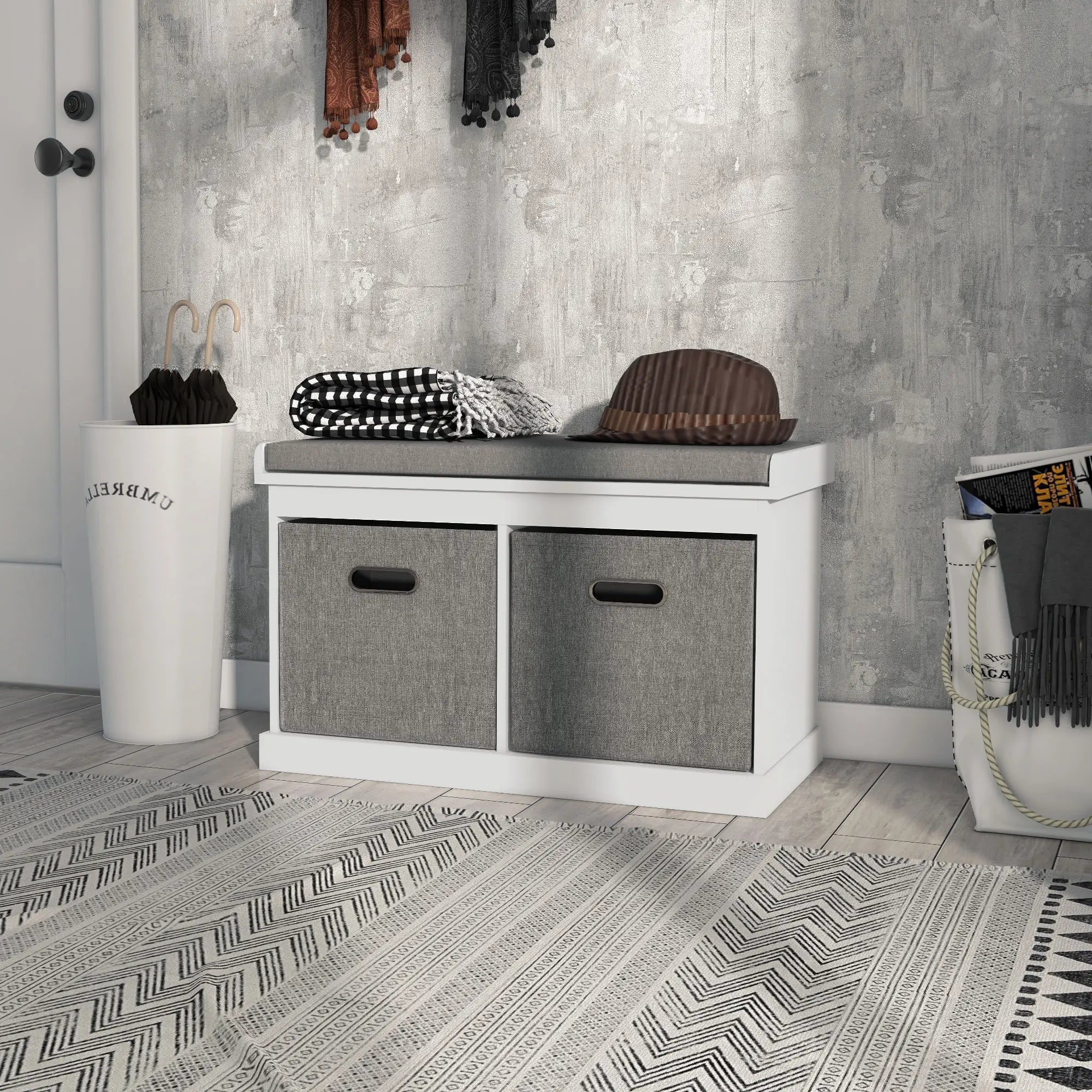 Shoe Storage Bench with Seat, 2 Fabric Drawers, White Shoe Storage Cabinets & Racks at Gallery Canada