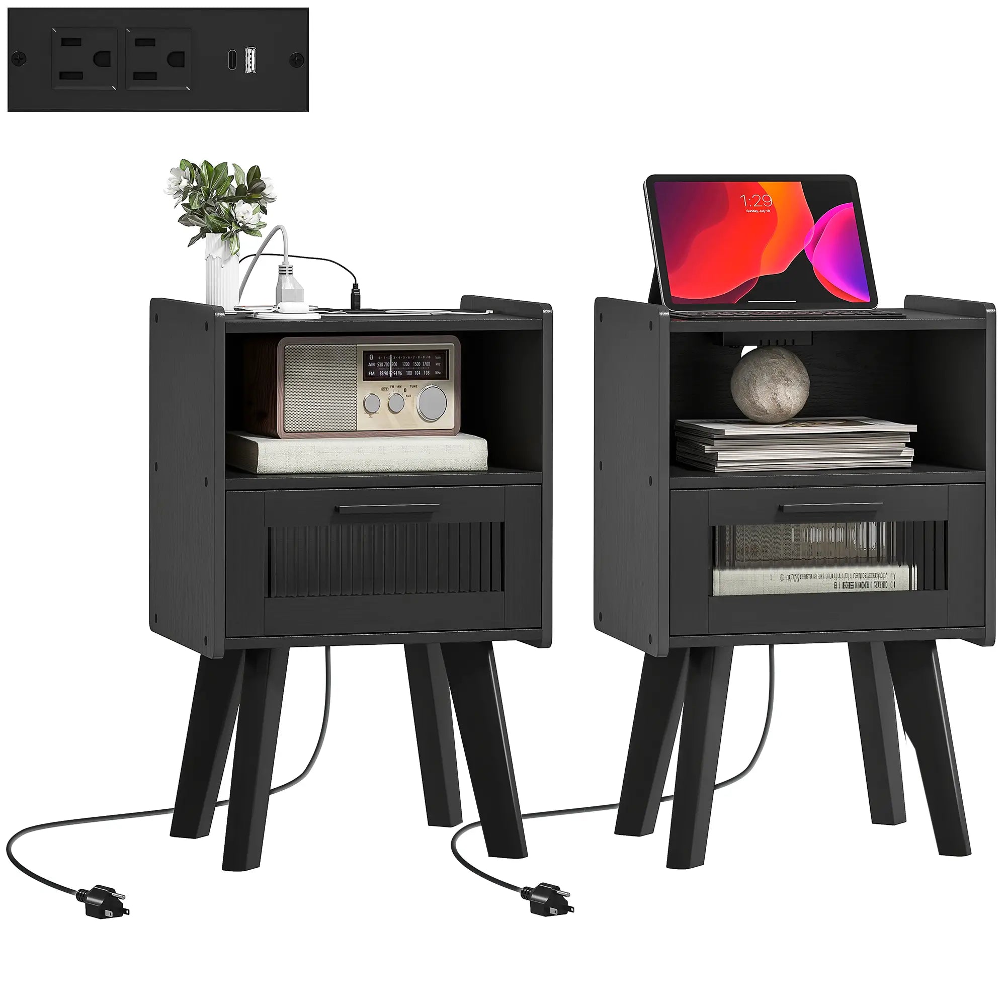 Modern Nightstands Set of 2, Charging Station, Storage, Glass Door, Black Side Tables at Gallery Canada