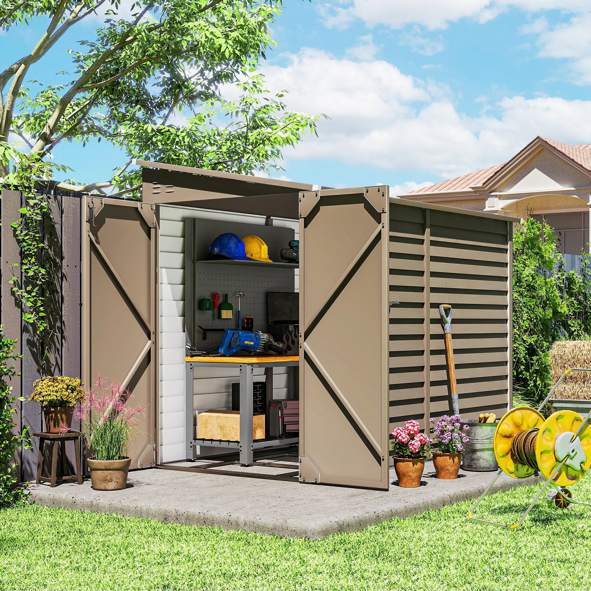 4.6' x 9' Brown Steel Outdoor Storage Shed, Lean To Metal Tool House, Brown Sheds at Gallery Canada