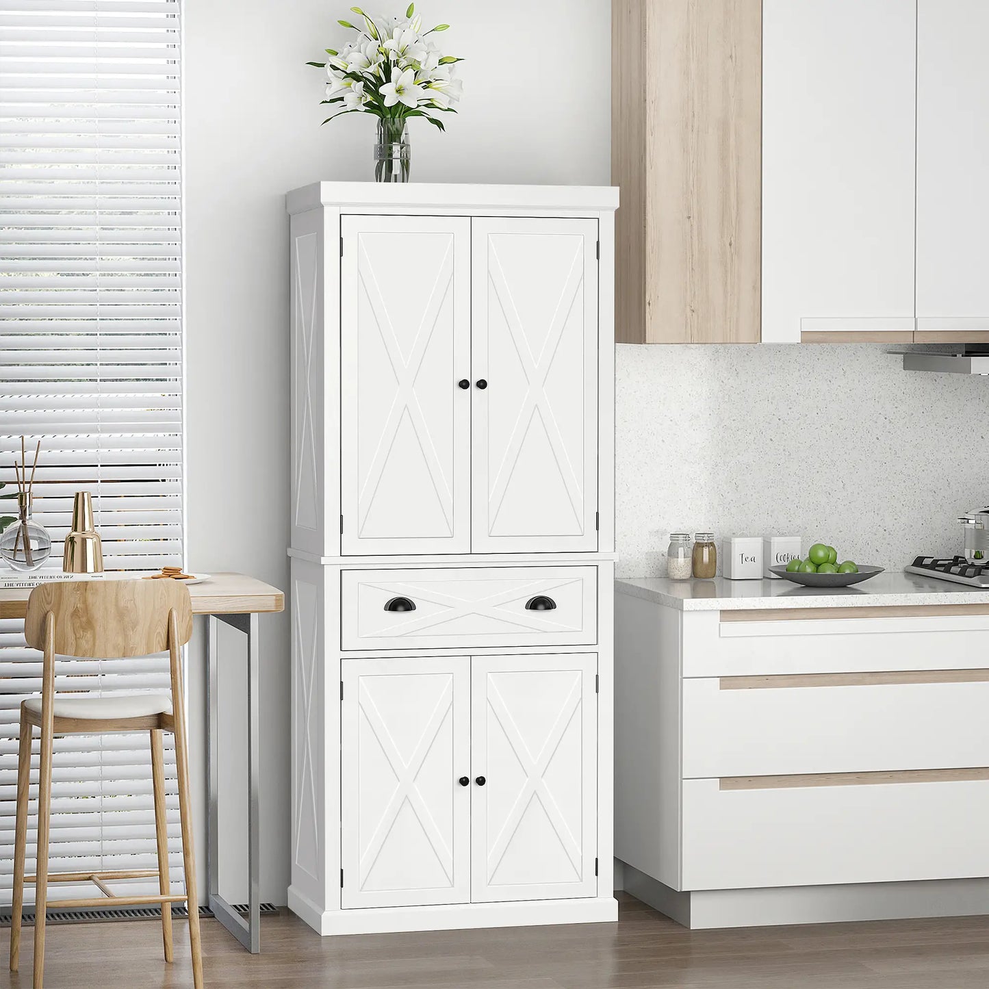 72.5" Kitchen Pantry Cabinet, 4 Doors, Drawer, Adjustable Shelves, White