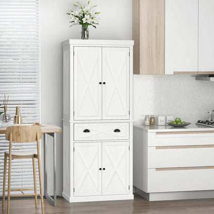 72.5" Kitchen Pantry Cabinet, 4 Doors, Drawer, Adjustable Shelves, White