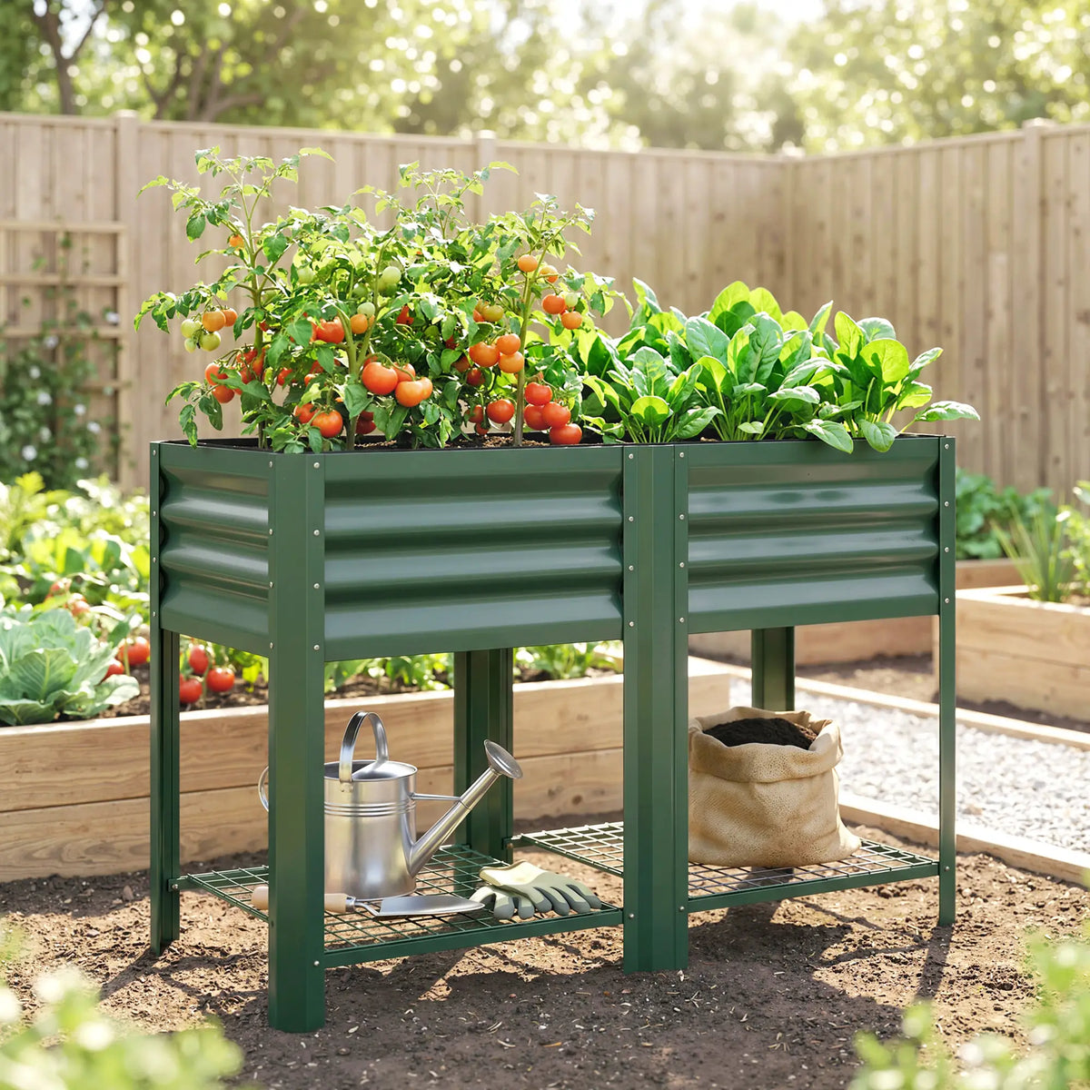 Lit de jardin surélevé vert de 31,5", étagère de rangement, jardinière surélevée, vert