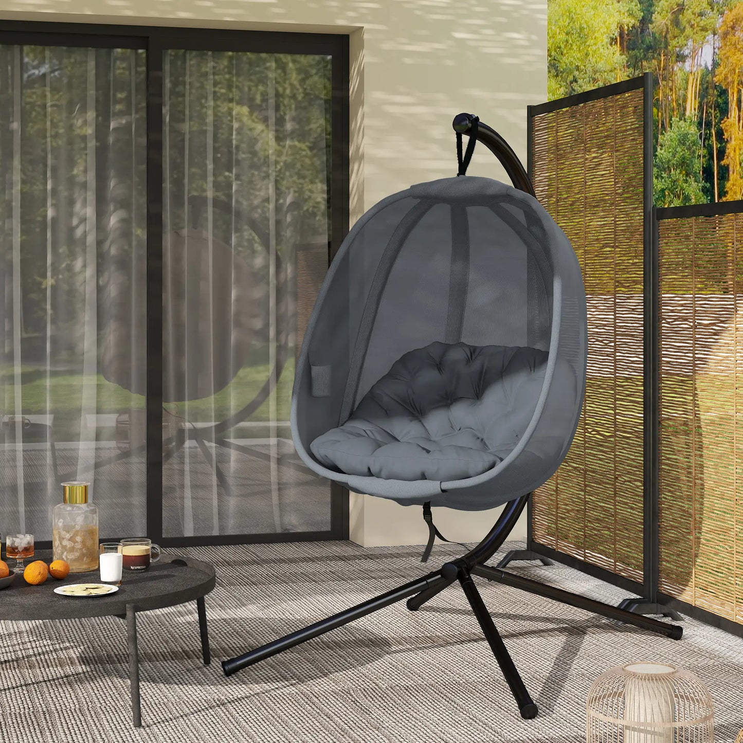 Hanging Egg Chair, Outdoor Swing with Stand, Folding Basket, Grey Patio Swings with Stand at Gallery Canada