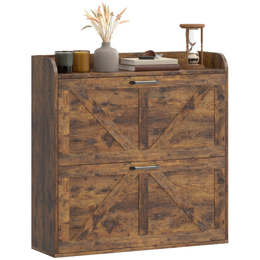 Narrow Shoe Storage Cabinet, Farmhouse Slim Shoe Cabinet with 2 Flip Drawers, Adjustable Shelves, Rustic Brown Shoe Storage Cabinets & Racks Rustic Brown at Gallery Canada