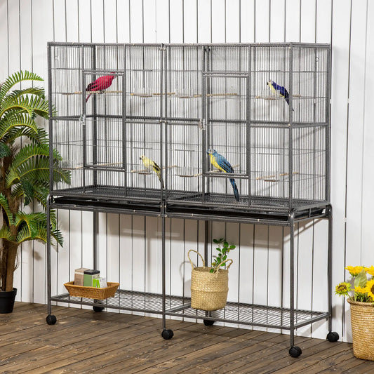 64" Extra Large Bird Cage, Rolling Metal Parrot Cage, 62.8" x 18.9" x 64.2" Bird Cages Black, Grey at Gallery Canada