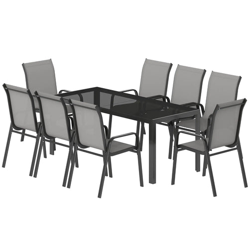 9 Piece Patio Set, Stackable Chairs, Glass Top, Light Grey
