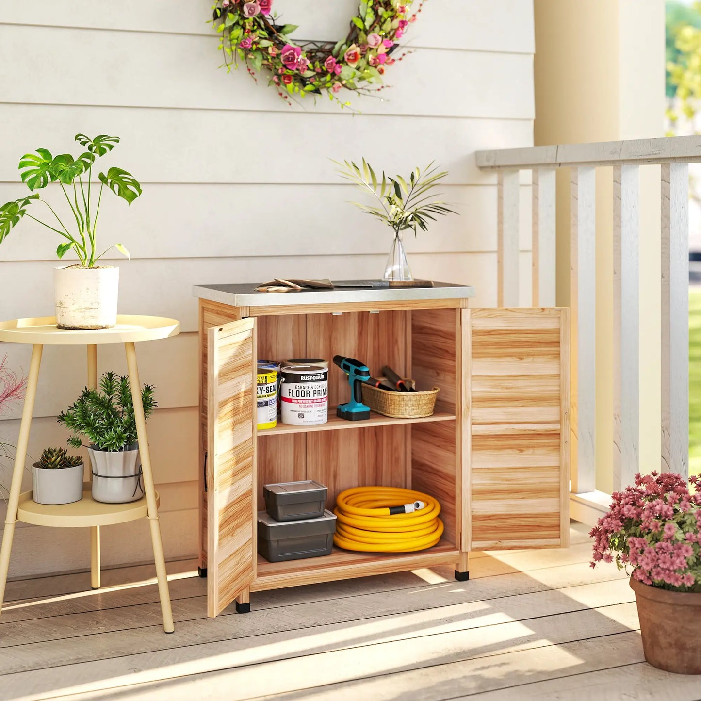 Outdoor Potting Bench Table, Metal Tabletop, Shelf, Double Doors, Natural Sheds at Gallery Canada