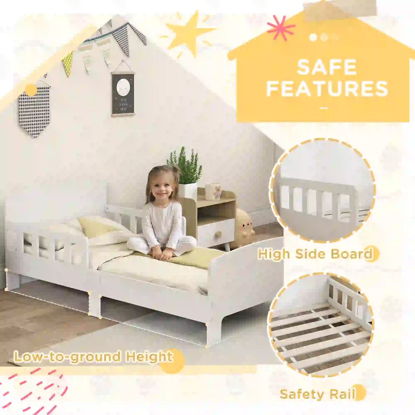 Toddler Bed with Safety Rails, Kids Bed Frame, White Kids Bedroom Furniture at Gallery Canada