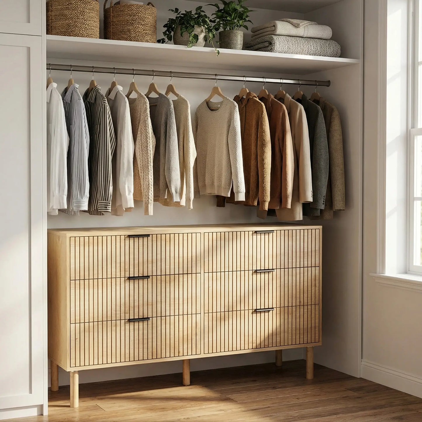 6 Drawer Dresser, Fluted Panels, Solid Wood Legs, Oak Storage Cabinets at Gallery Canada