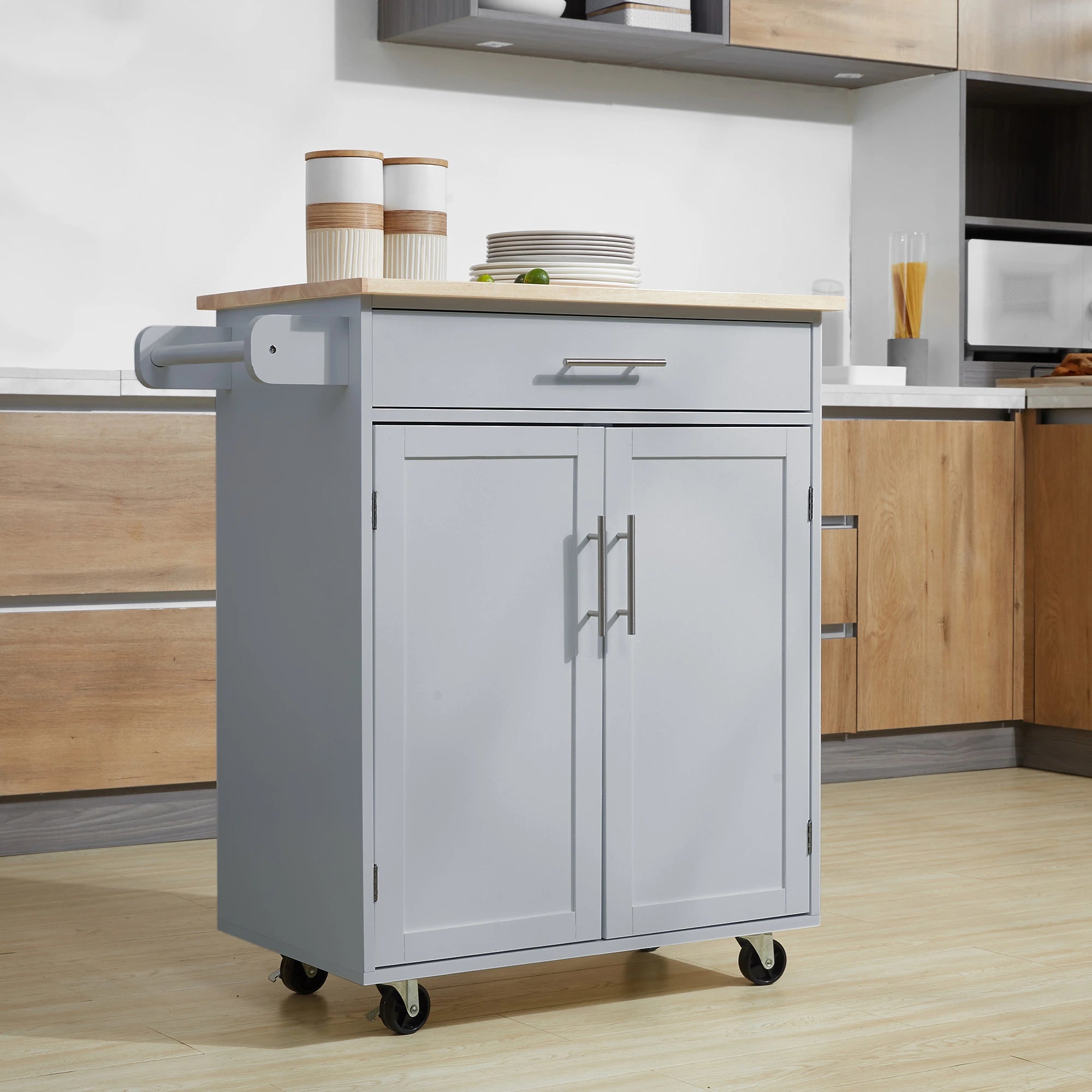 Rolling Kitchen Island Cart, Wood Top, Storage Drawer, Towel Bar, Shelves, Grey Kitchen Islands & Kitchen Carts at Gallery Canada
