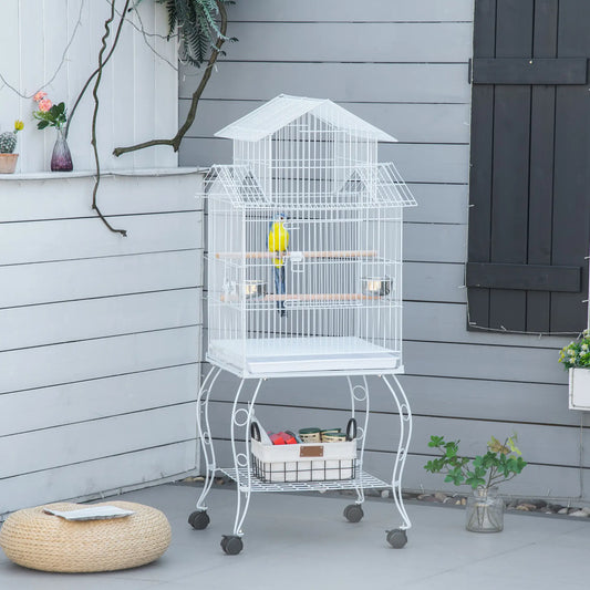 53.9'' Large Rolling Bird Cage with Stand, Shelf, Perch, White Bird Cages White at Gallery Canada