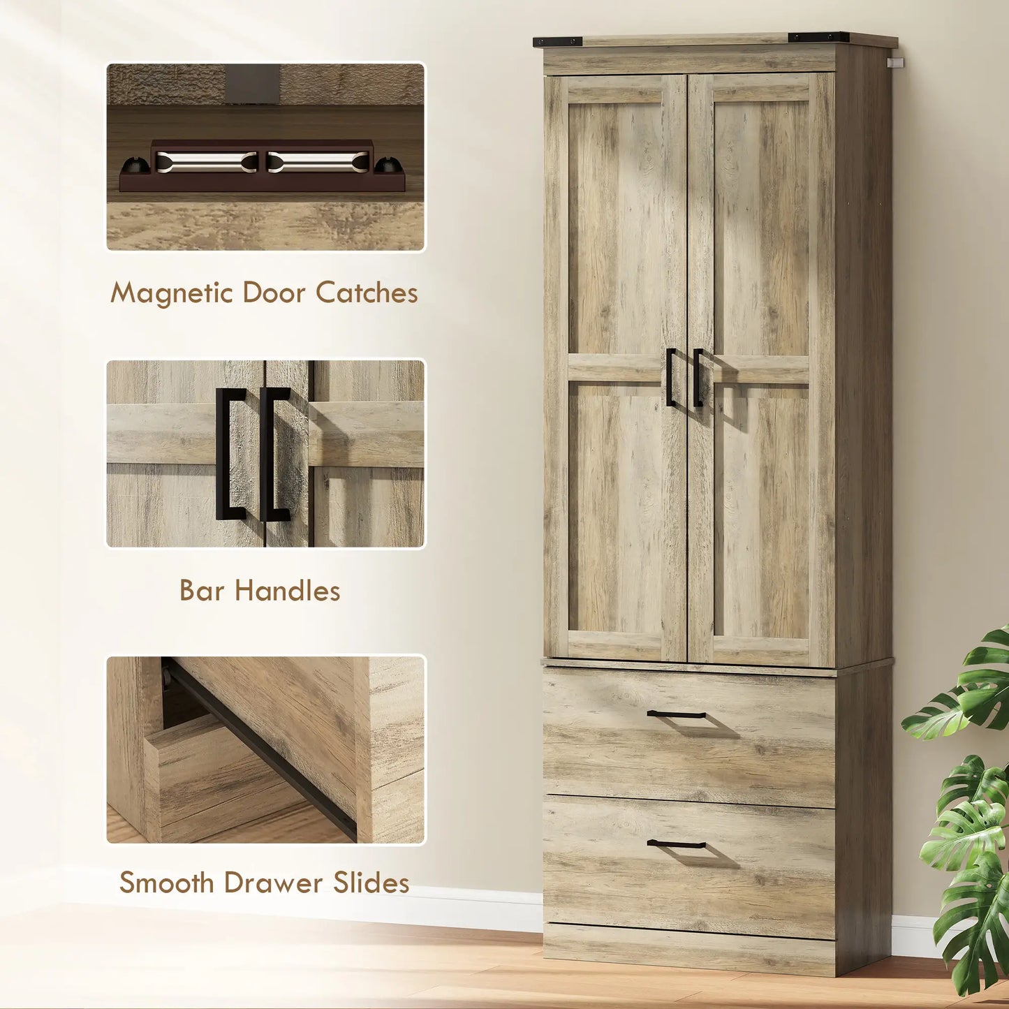 67" Tall Kitchen Pantry Cabinet, Doors, Drawers, Adjustable Shelves, Grey Brown Kitchen Pantry Cabinets at Gallery Canada