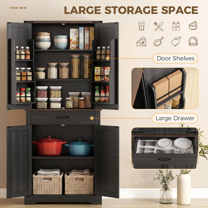 71" Tall Kitchen Cabinet, Farmhouse Pantry with Barn Doors, Drawer, Black
