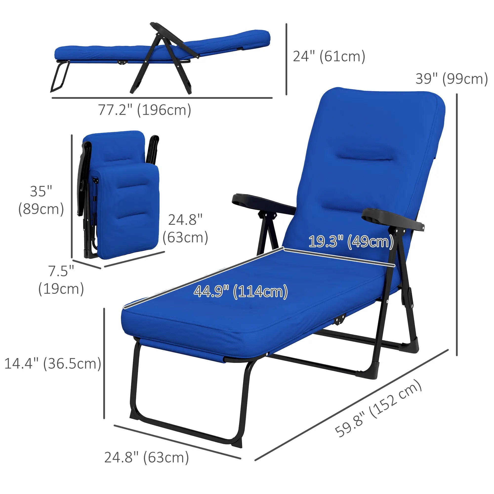 Outdoor Lounge Chair with Padded Cushion, Folding Reclining, Blue Lounger Chairs at Gallery Canada