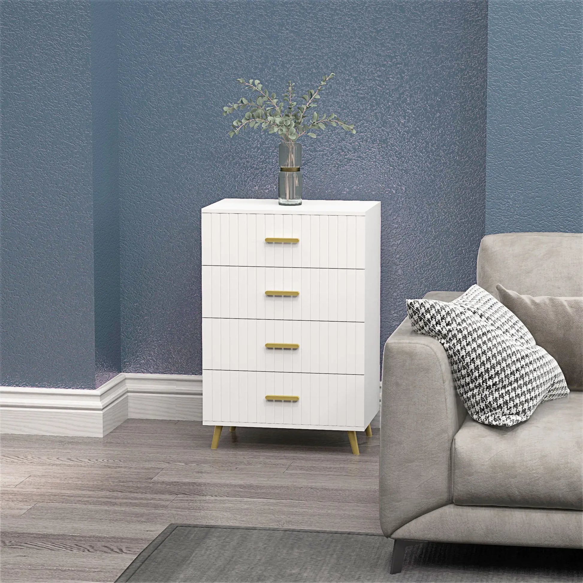 4 Drawer Cabinet, Bedroom Chest of Drawers, Aluminium Legs, Gold Handles, White Storage Cabinets at Gallery Canada