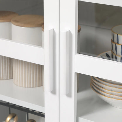 Freestanding Kitchen Pantry, 5-Tier Storage Cabinet, Adjustable Shelves, 2 Glass Doors, White