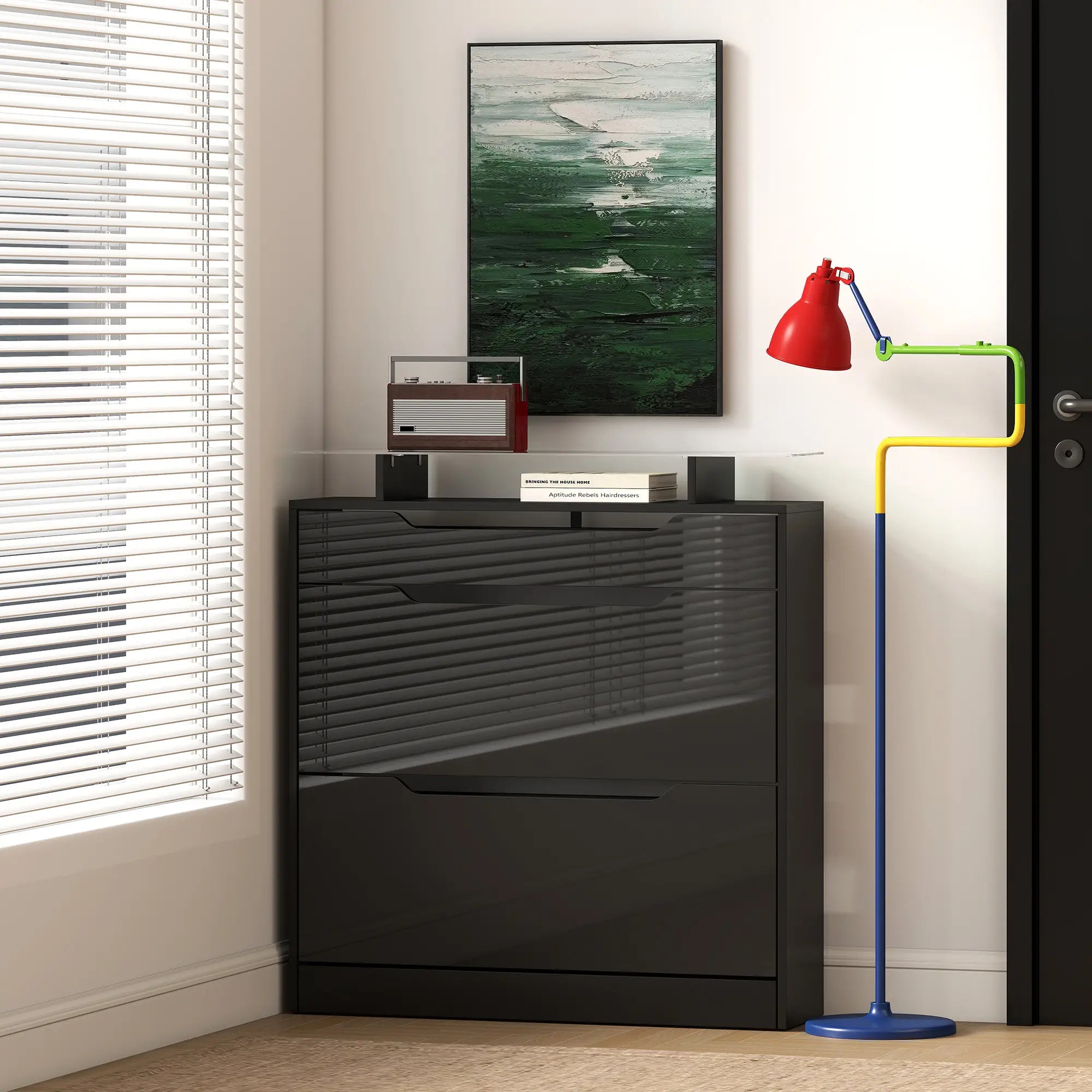 High Gloss Shoe Cabinet, 2 Flip Drawers, Adjustable Shelves, Black, Black Storage Cabinets at Gallery Canada