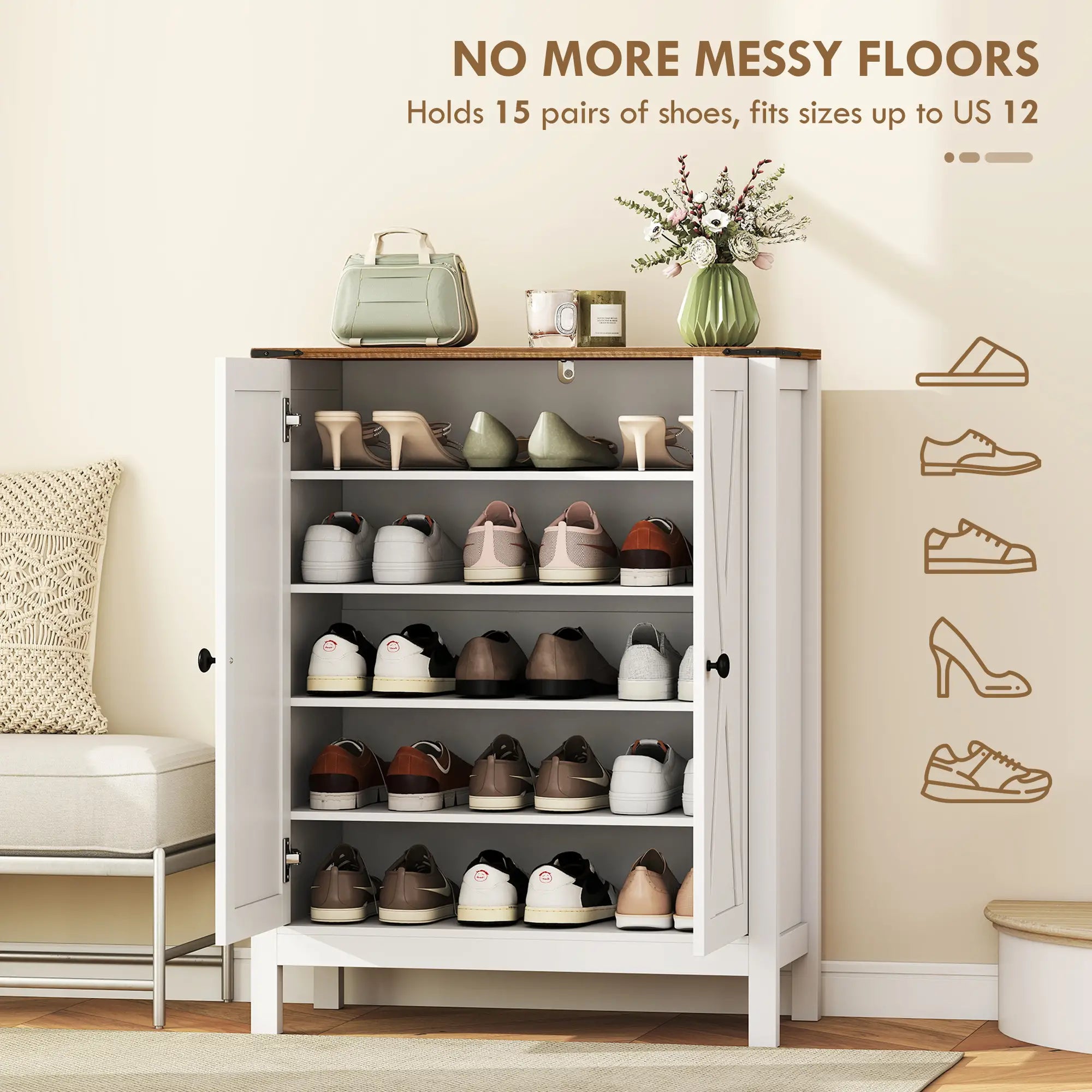 Shoe Cabinet With Barn Doors, Adjustable Shelves, Holds 15 Pairs, White Shoe Storage Cabinets & Racks at Gallery Canada