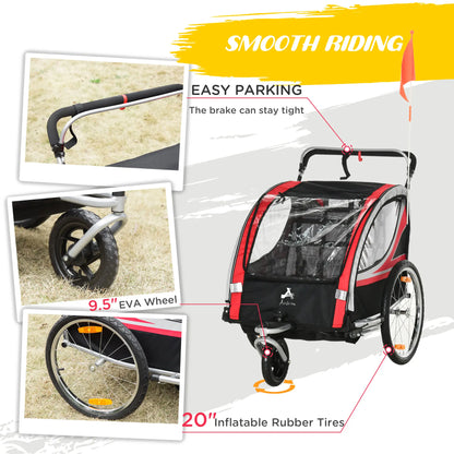 2 Seat Bike Trailer, Double Jogging Stroller, Handbrake, Red Kids Bike Trailers at Gallery Canada
