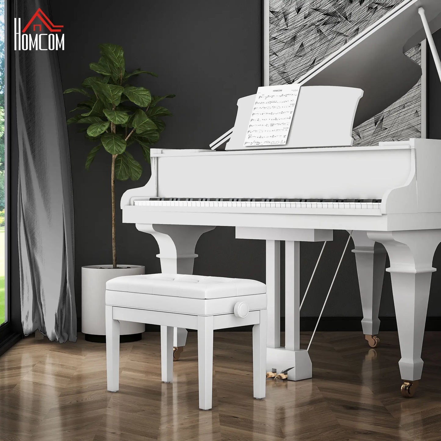 Adjustable Piano Bench, Storage, Soft PU Leather Padded, White Piano Benches at Gallery Canada