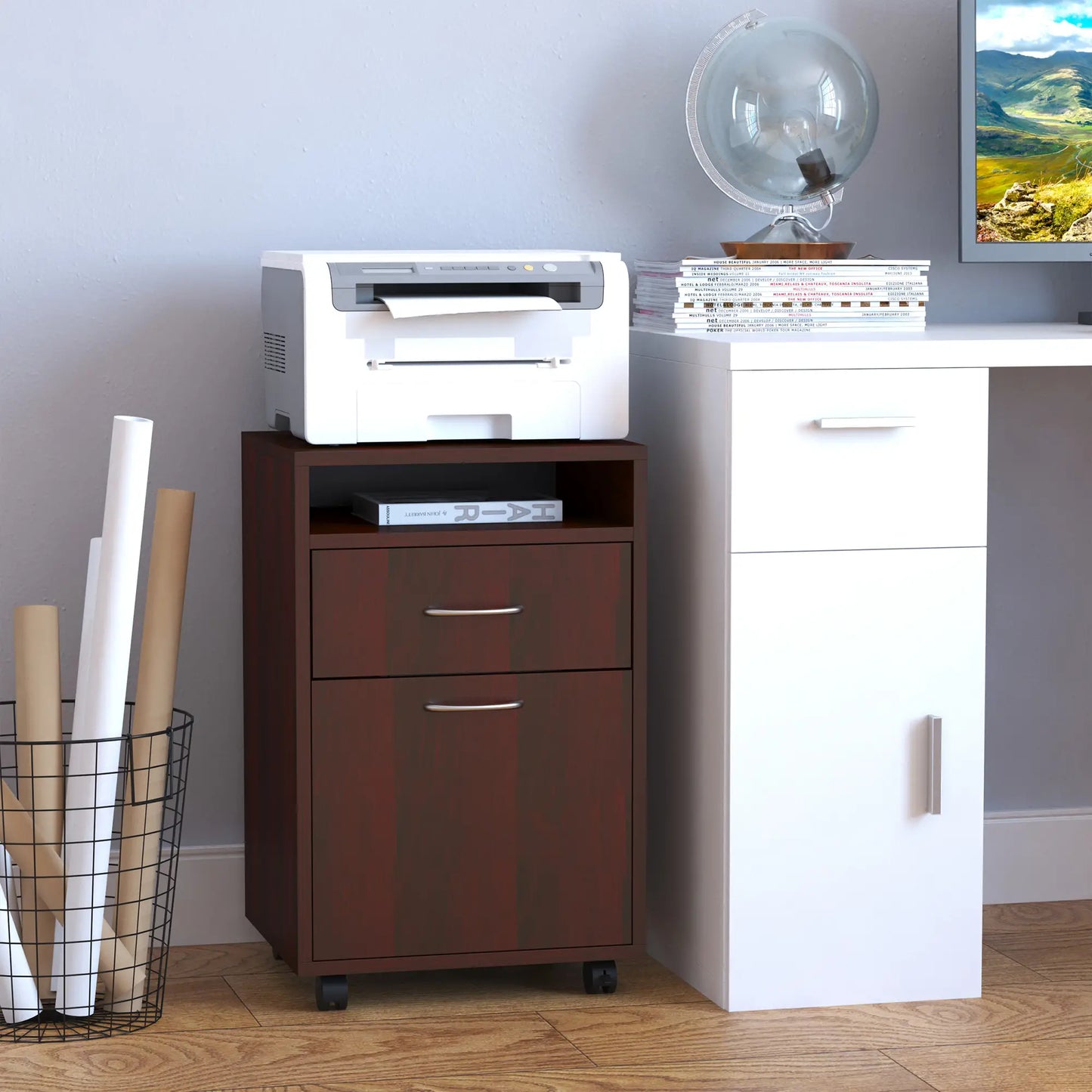 24" Small Filing Cabinet, Open Compartment, Drawer, Wheels, Espresso Office Cabinets & Cupboards at Gallery Canada