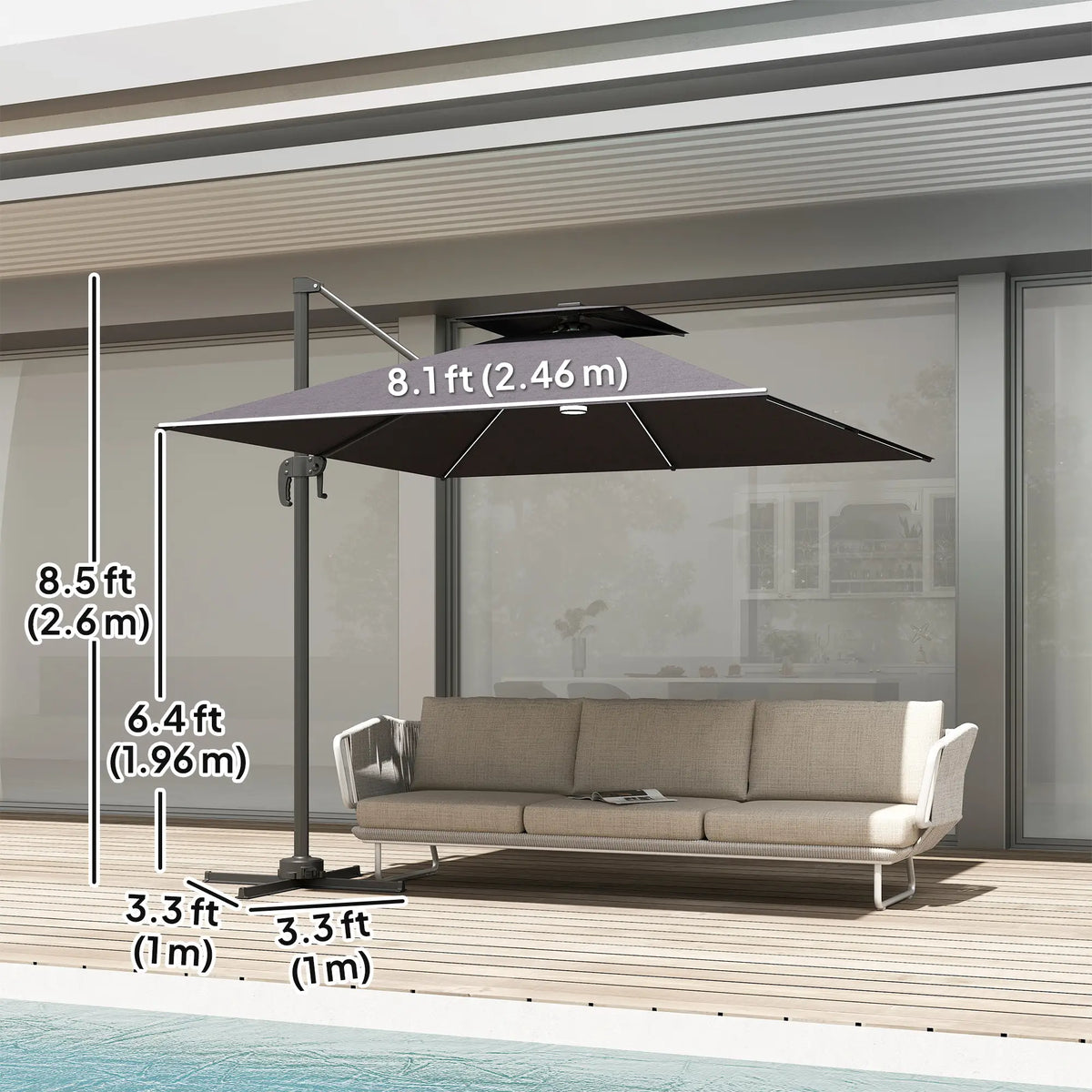 Parapluie de terrasse en porte-à-faux de 8', lumières LED, rotation à 360°, gris foncé
