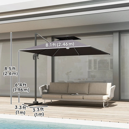 Parapluie de terrasse en porte-à-faux de 8', lumières LED, rotation à 360°, gris foncé