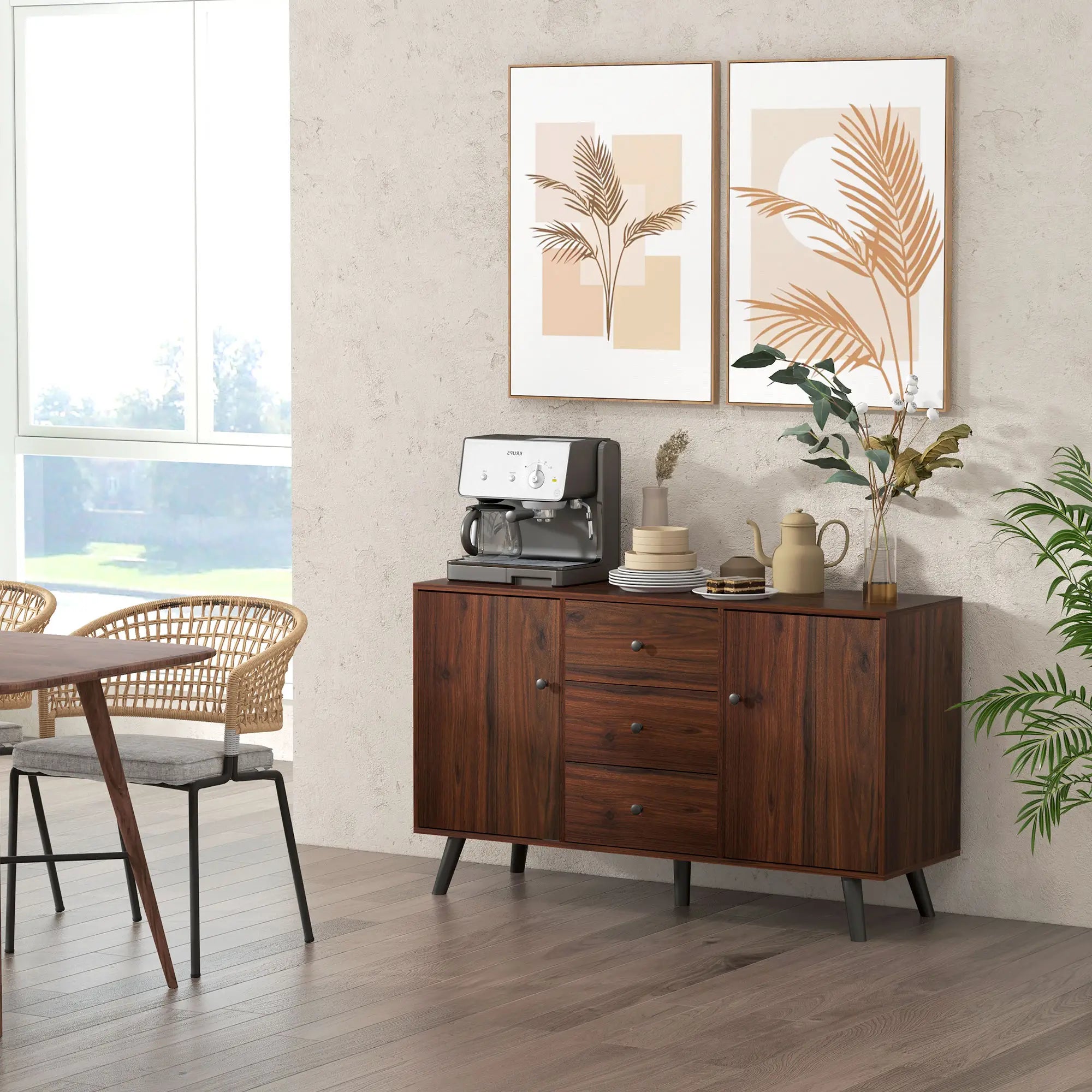 Kitchen Storage Sideboard, Buffet Cabinet, 2 Cupboard, 3 Drawers, Adjustable Shelves, Rustic Brown Bar Cabinets at Gallery Canada