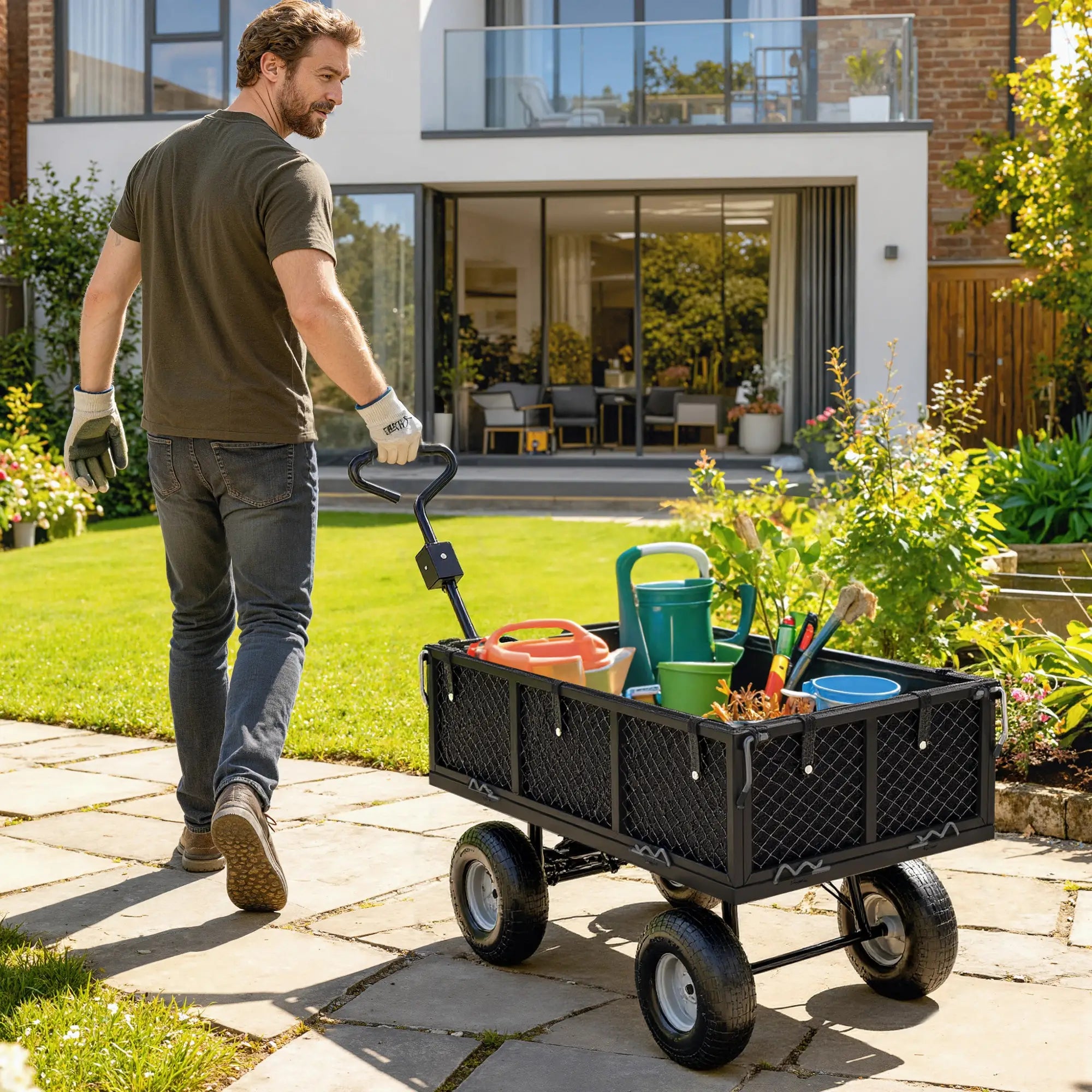 Steel Garden Cart, Utility Wagon, Removable Liner, Quick-Release Sides, 10