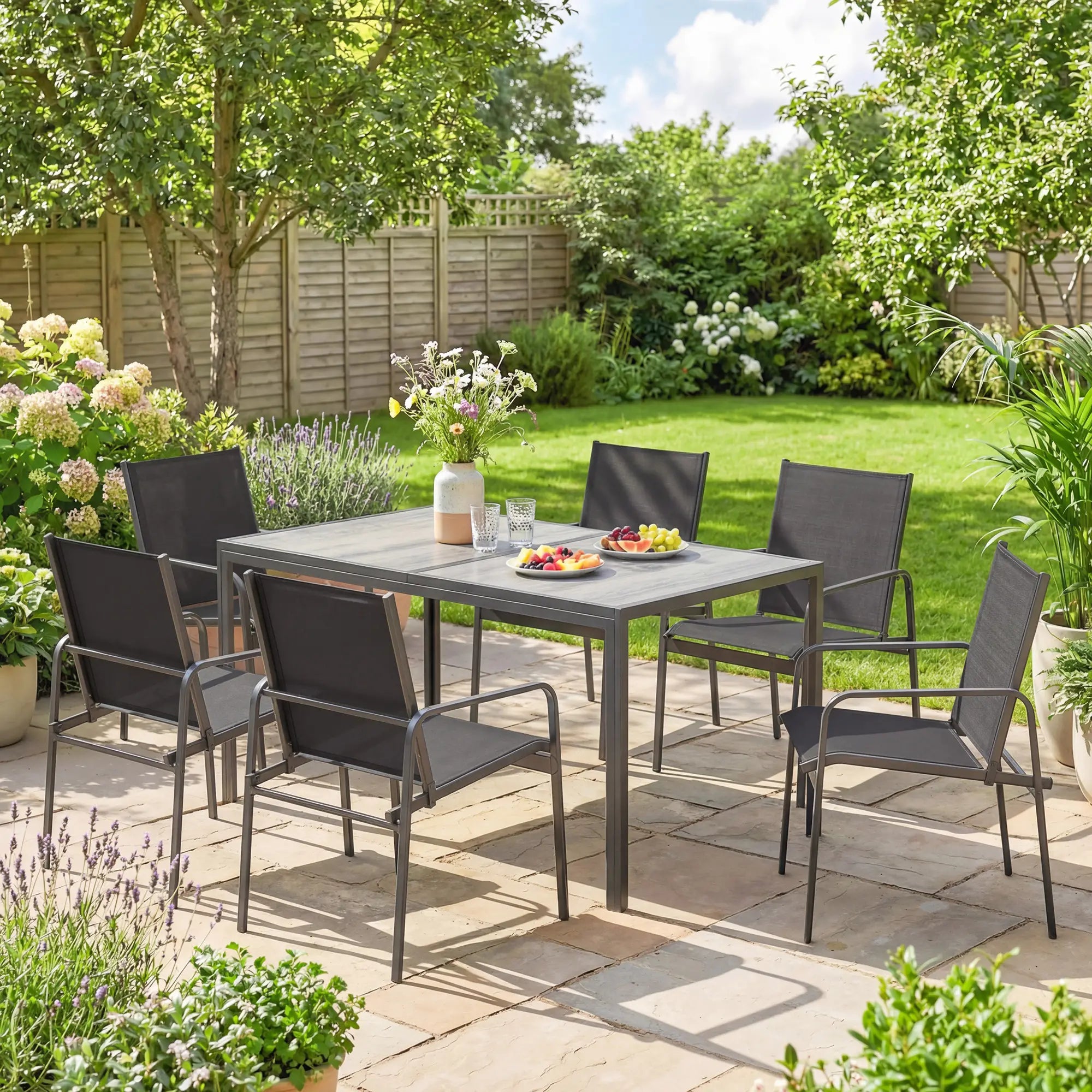 Outdoor Dining Set For 6, Faux Wood Patio Table And Chairs, Black Outdoor Dining Sets at Gallery Canada