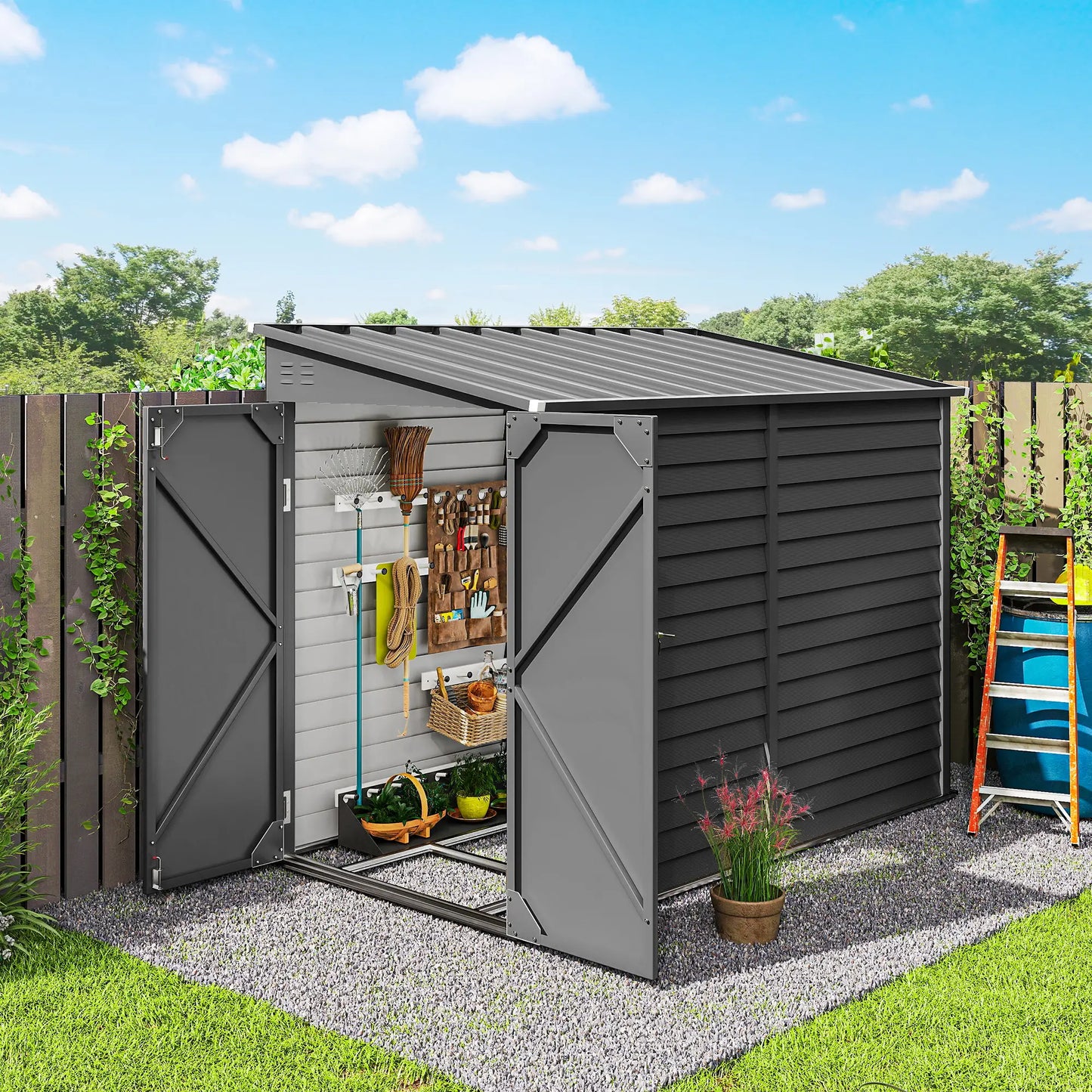 4.6' X 9' Steel Outdoor Storage Shed, Lean To Shed, Metal Tool House, Dark Grey