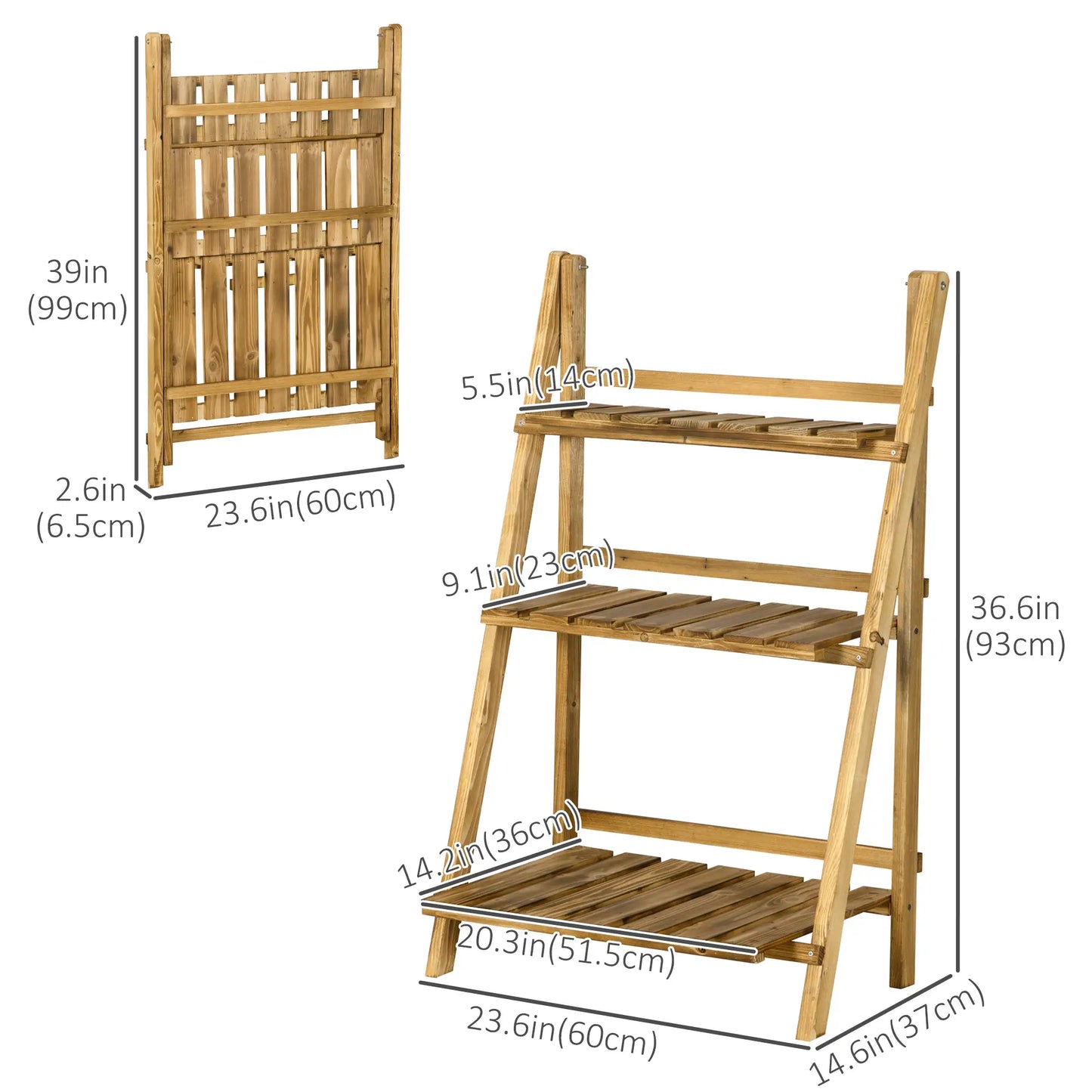 Foldable 3-Tier Wooden Plant Stand, Garden Indoor Outdoor, 24" x 14" x 37" Plant Stands at Gallery Canada