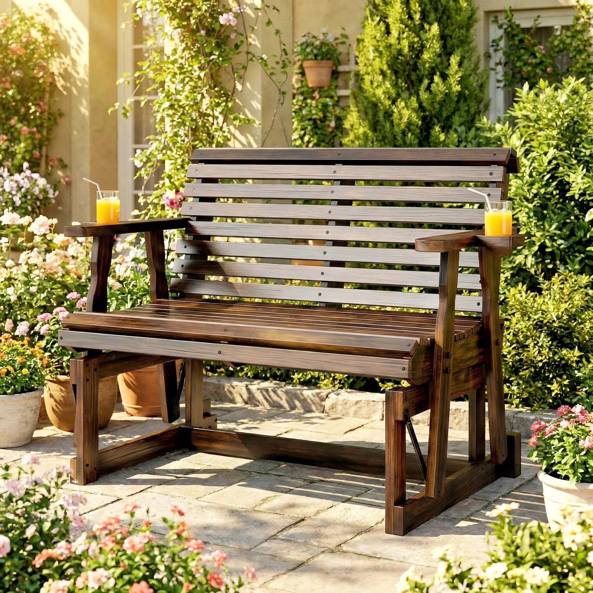 Outdoor Glider Bench, Wooden Glider Chair With 2 Cupholders Outdoor Gliders at Gallery Canada