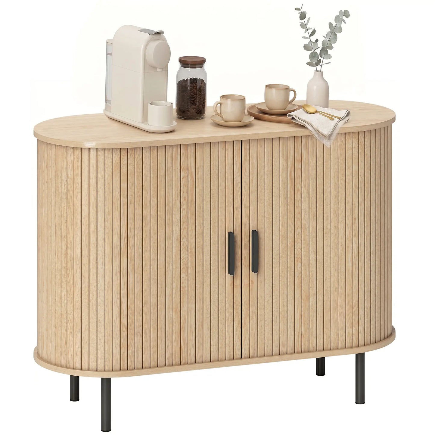 Sideboard Buffet Cabinet with Curved Tambour Doors, Natural Wood, Natural Wood