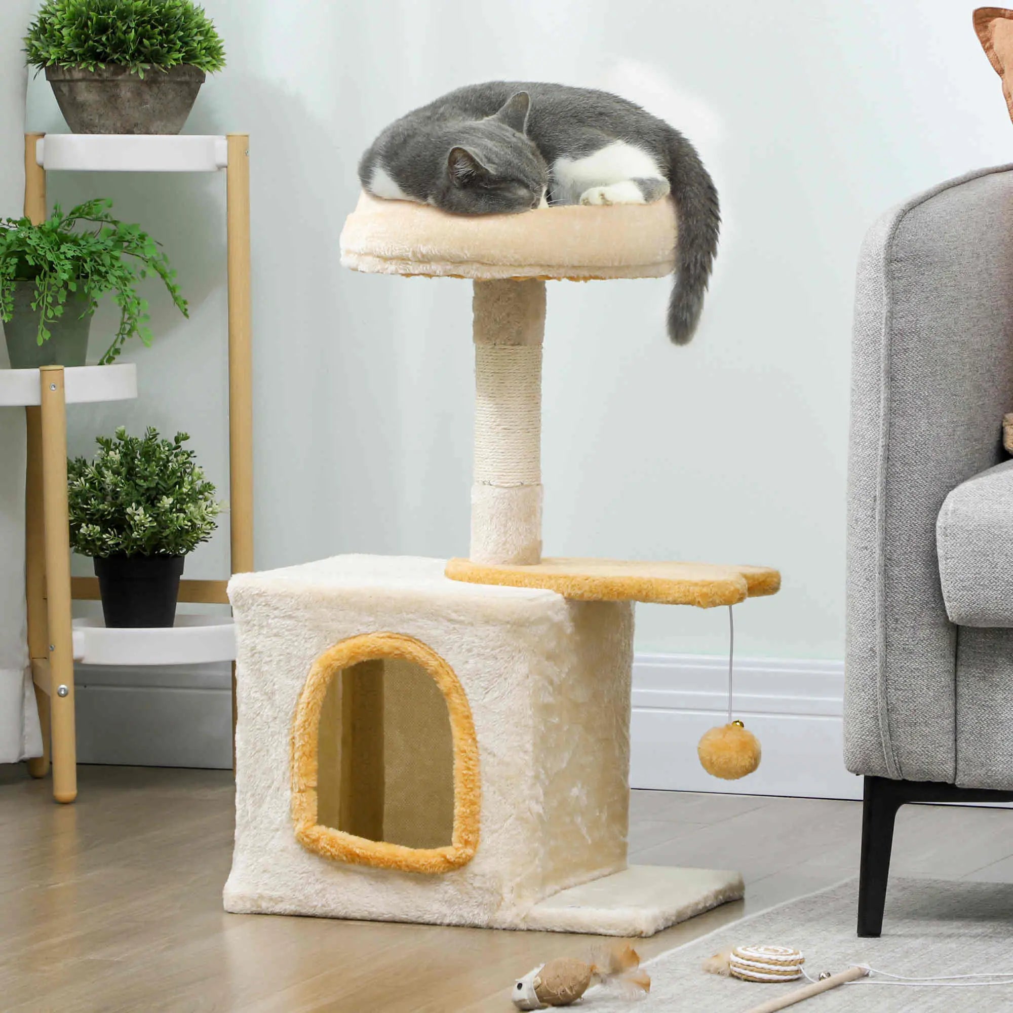 28 Inch Cat Tree Tower with Plush Bed, Condo, Sisal Post, Perch, Dangling Ball, Beige and Yellow Cat Posts at Gallery Canada