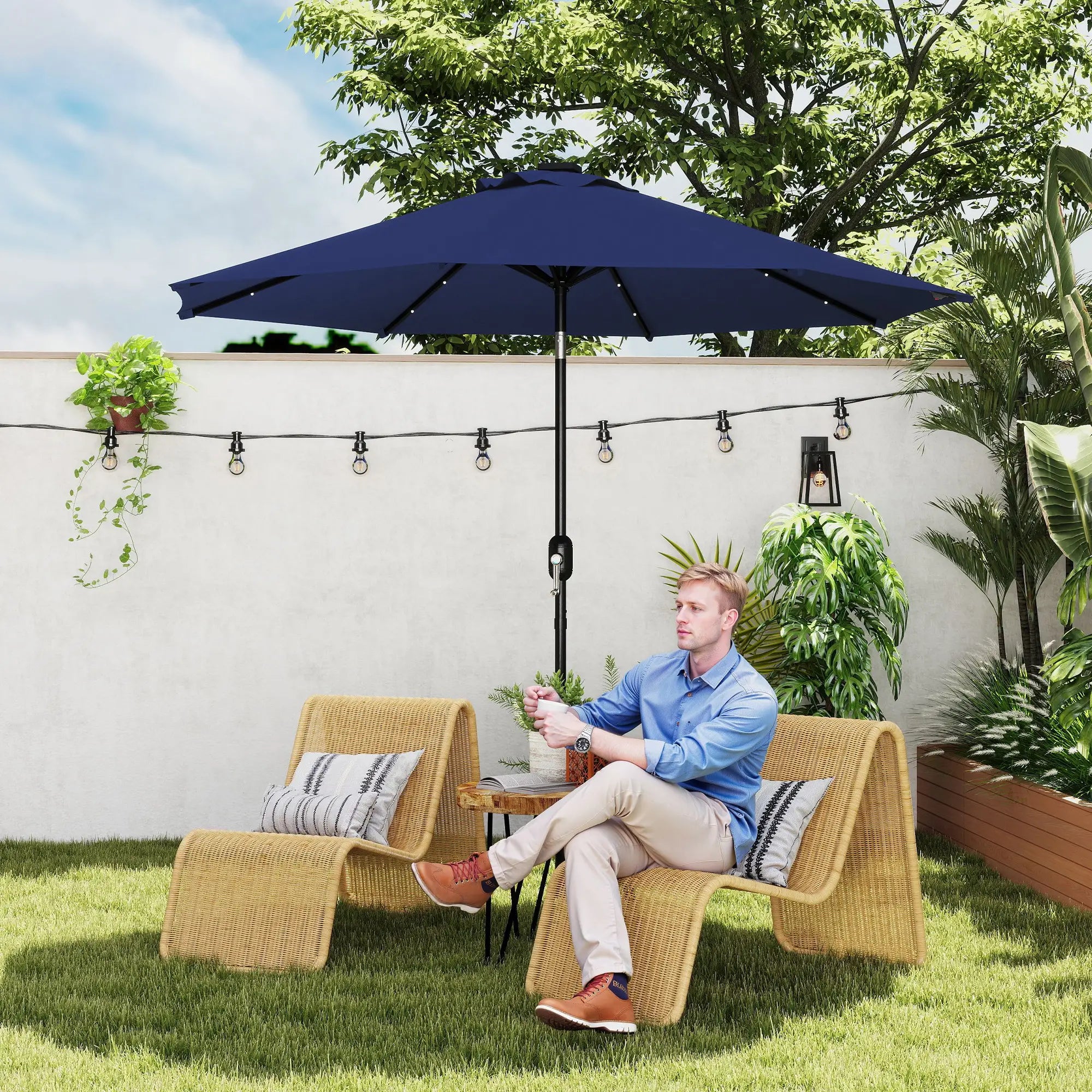 9ft Solar Patio Umbrella, 24 LED Lights, Tilt Canopy, Navy Blue Sun Umbrellas at Gallery Canada