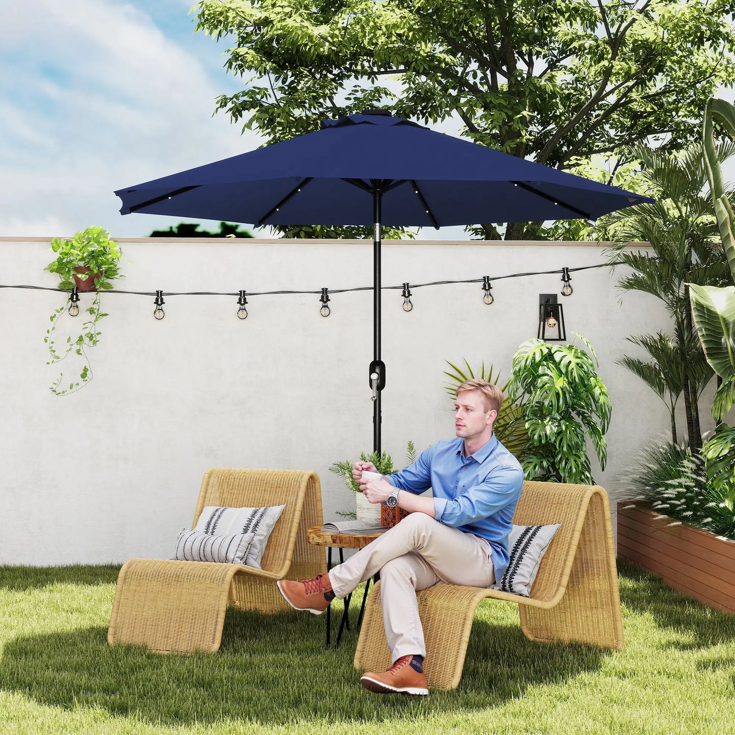 9ft Solar Patio Umbrella, 24 LED Lights, Tilt Canopy, Navy Blue Sun Umbrellas at Gallery Canada