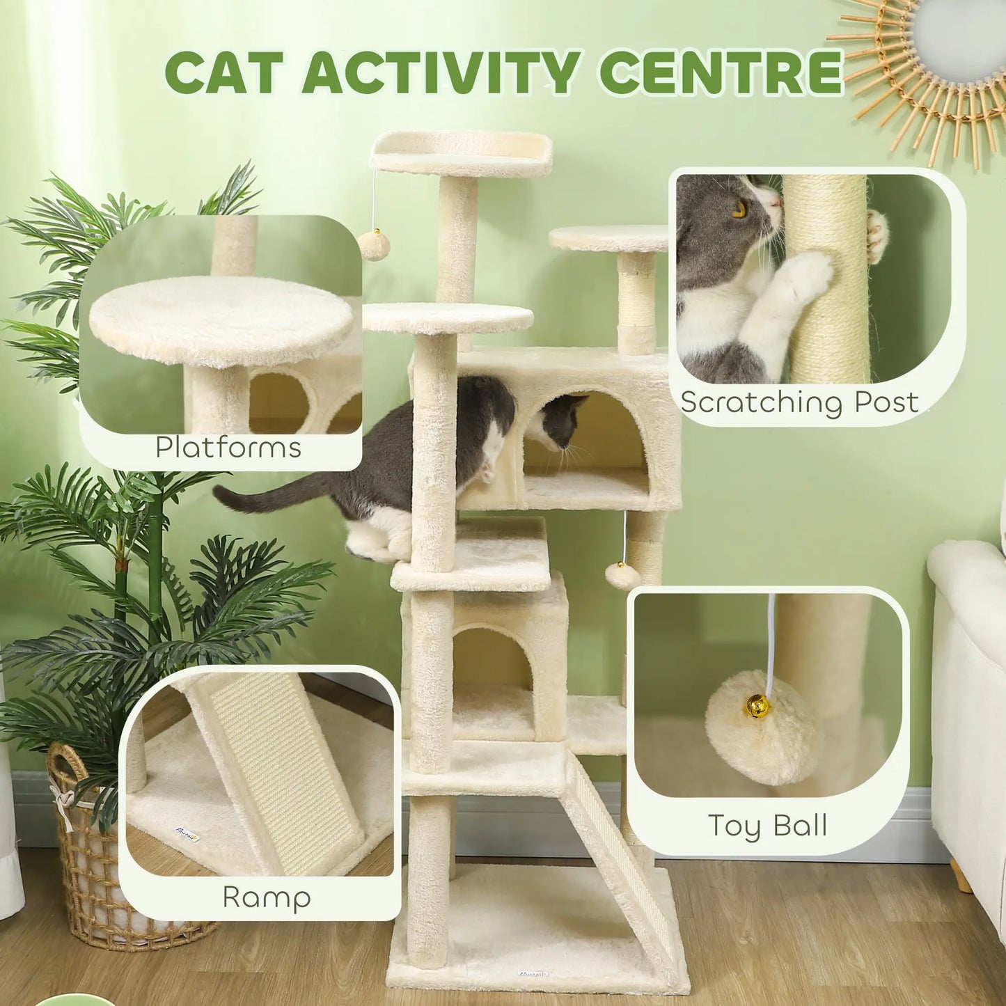 54" Cat Tree, Multi-Level Tower with Scratching Posts, Condos, Beige Cat Towers at Gallery Canada
