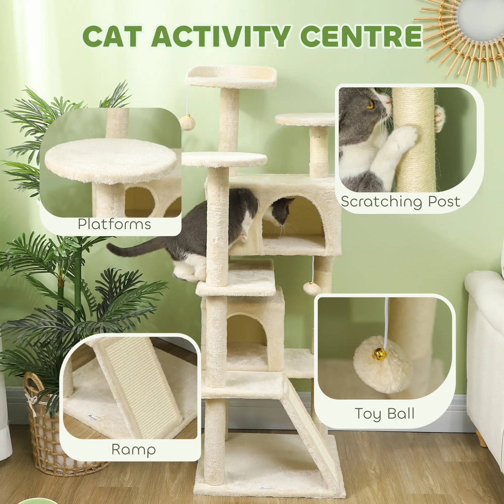 54" Cat Tree, Multi-Level Tower with Scratching Posts, Condos, Beige Cat Towers at Gallery Canada