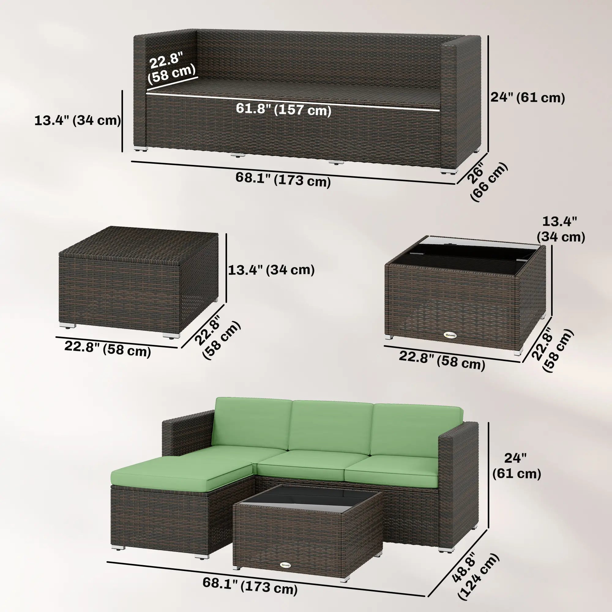 3 Piece Patio Furniture Set, PE Rattan Wicker Corner Sofa, Light Green Patio Furniture Sets at Gallery Canada