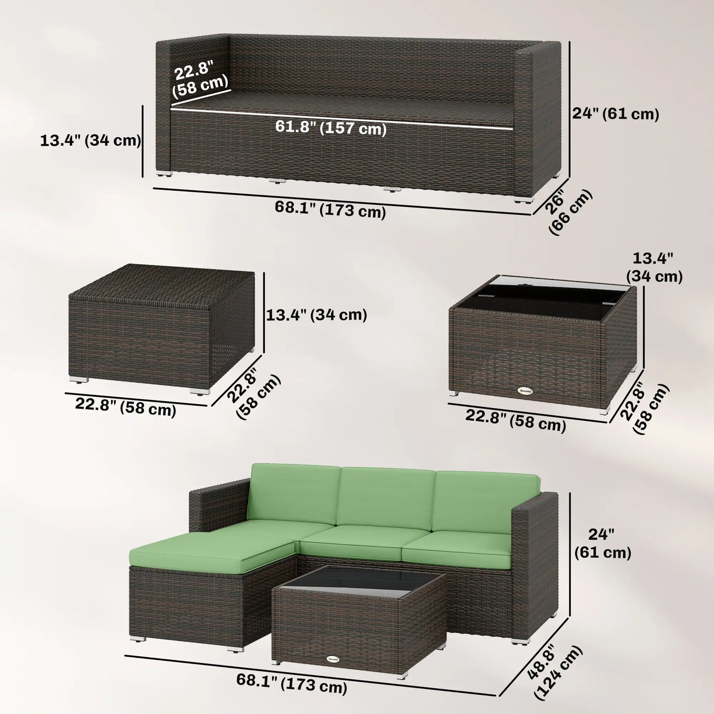 3 Piece Patio Furniture Set, PE Rattan Wicker Corner Sofa, Light Green Patio Furniture Sets at Gallery Canada