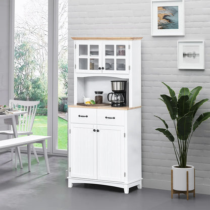 Buffet de cuisine style côtier, armoire de rangement en bois, porte vitrée encadrée, blanc