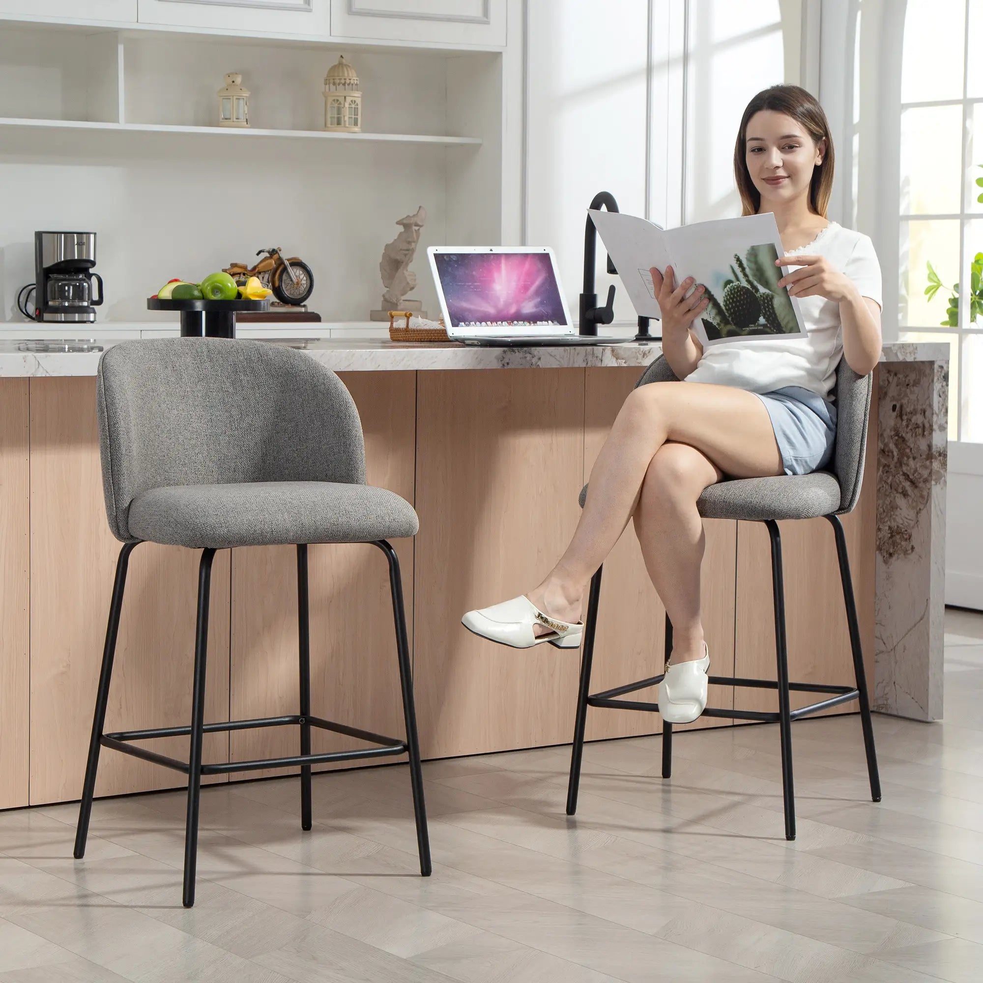 Set of 2 Counter Height Barstools, Upholstered Linen with Backrest, Dark Grey Bar Stools at Gallery Canada