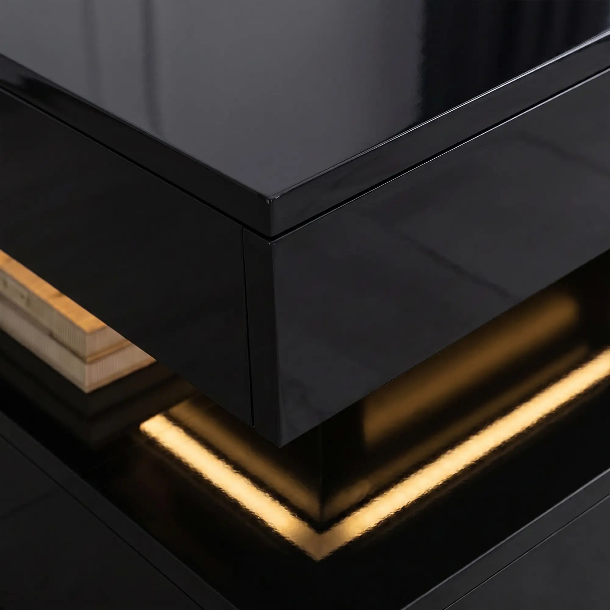 LED Coffee Table with Storage, 2-Tier Modern Center Table with Open Shelf and Remote for Living Room, High Gloss Black Coffee Tables at Gallery Canada